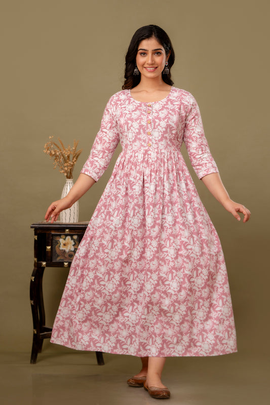 Blooming Beauty: Ashvy Floral Print Cotton Maternity Feeding Kurti (Pink)(LUX0022)