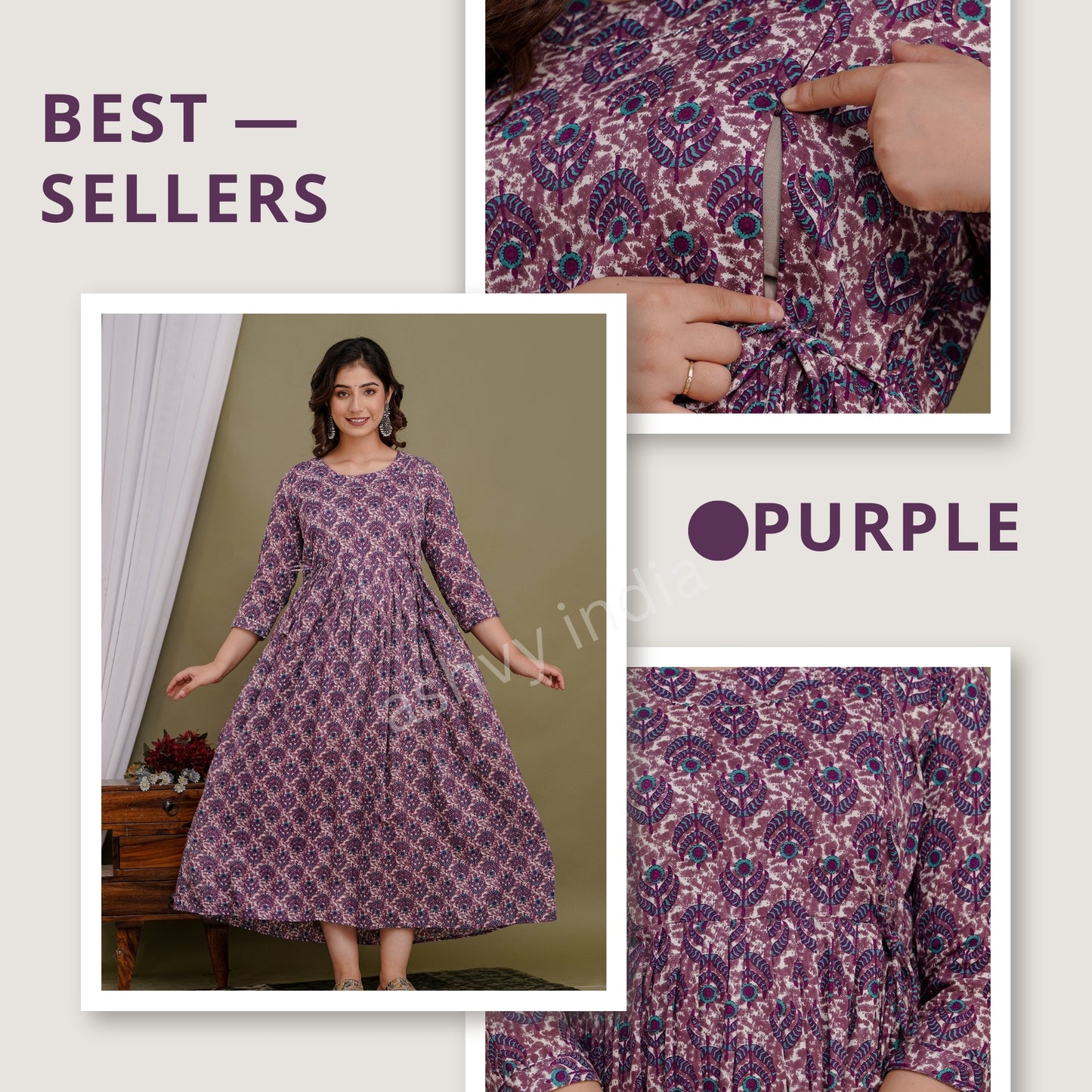 Versatile Comfort: Ashvy Women's Maternity Cum Feeding Gown Kurtis (Purple)(TUL001)