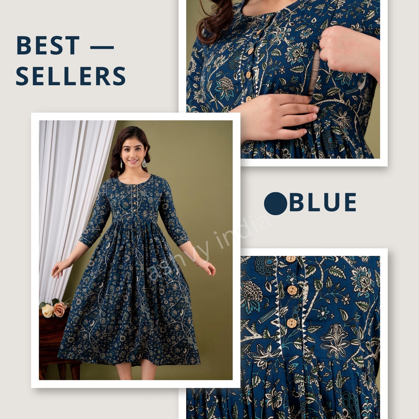 Versatile Comfort: Ashvy Women's Maternity Cum Feeding Gown Kurtis (Blue)(TUL001)