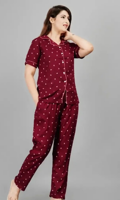 Rayon Printed Night Shirt Pajama Set For Women/Night Suit Set(Maroon)