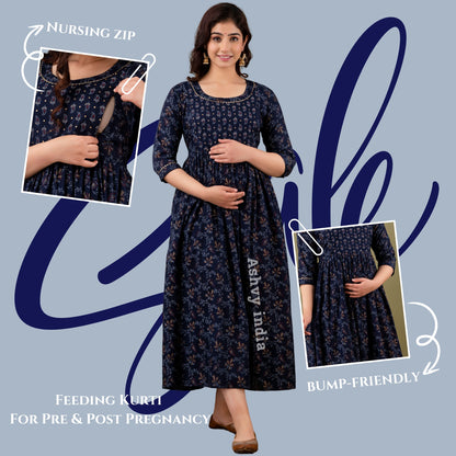 Effortless Style: Ashvy Cotton Feeding Dress For Pre & Post Maternity (Dark Blue)(TUL01)