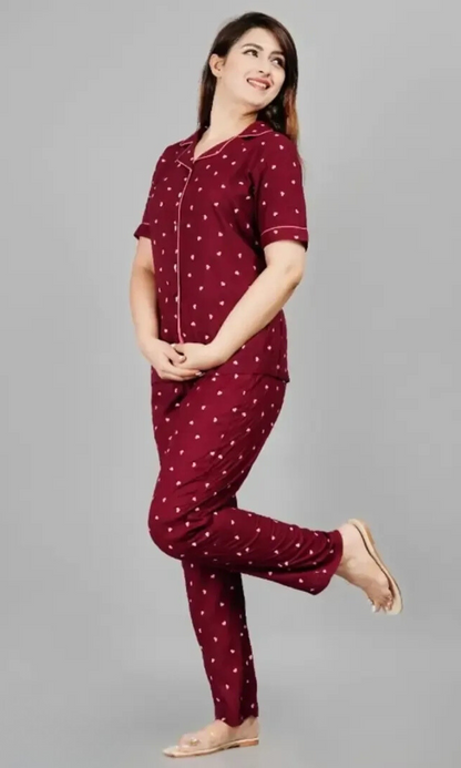 Rayon Printed Night Shirt Pajama Set For Women/Night Suit Set(Maroon)