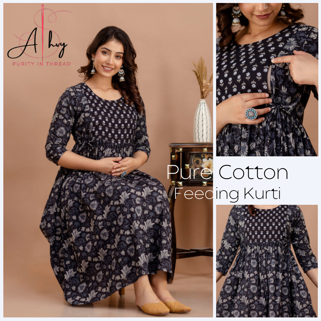 Stylish Simplicity: Ashvy Leaf Print Cotton Maternity Feeding Kurti(Black)(TUL001)