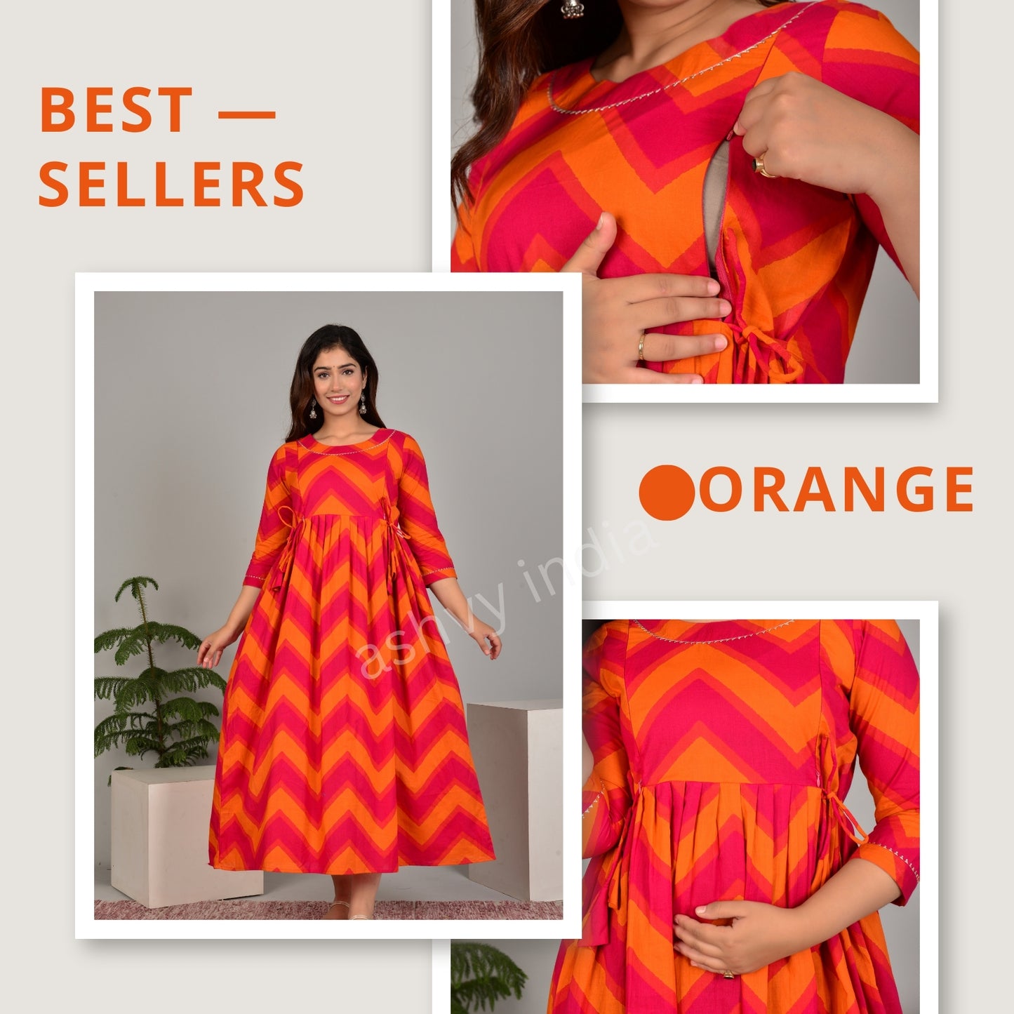 Versatile Comfort: Ashvy Women's Maternity Cum Feeding Gown Kurtis (Orange)(TUL001)