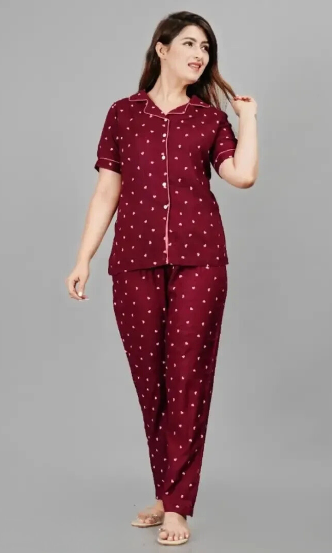 Rayon Printed Night Shirt Pajama Set For Women/Night Suit Set(Maroon)