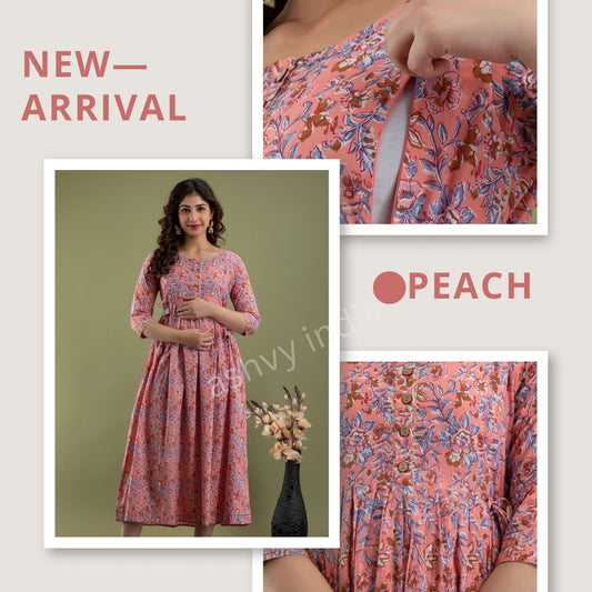 Effortless Style: Ashvy Cotton Feeding Dress For Pre & Post Maternity (Peach)(TUL001)