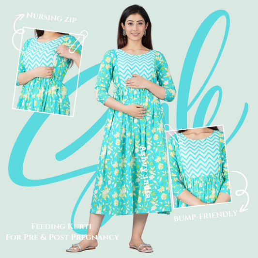 Sunny Sky Blossoms: Ashvy Sky Blue Yellow Floral Print Cotton Maternity Feeding Kurti (Sky)