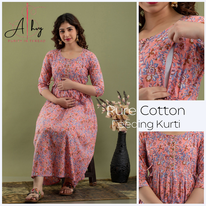 Versatile Comfort: Ashvy Women's Maternity Cum Feeding Gown Kurtis (Pink)(TUL001)