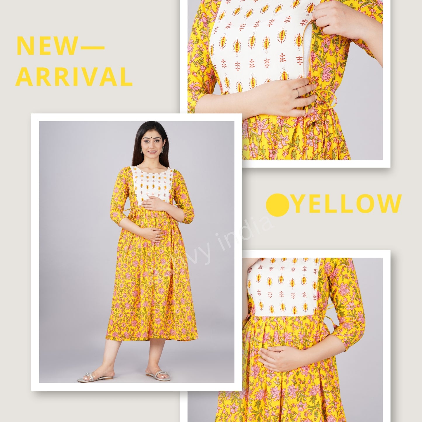 Ashvy Yellow-White Cotton Flower Print Maternity Dress(TUL001)