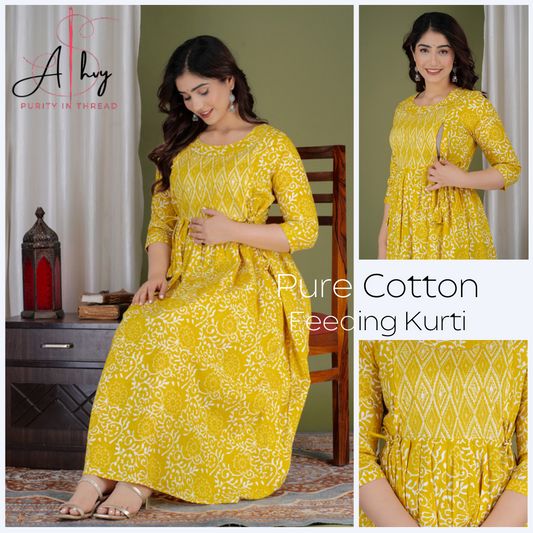 Effortless Feeding: Ashvy Women's Feeding Maternity Kurtis (Yellow)(TUL001)