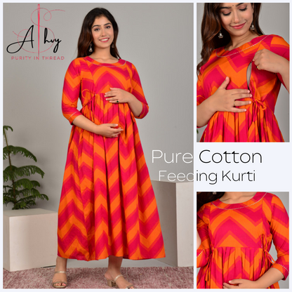 Versatile Comfort: Ashvy Women's Maternity Cum Feeding Gown Kurtis (Orange)(TUL001)