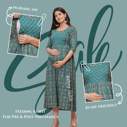 Ashvy Premium Quality Cotton Maternity Cum Feeding kurti (Green)