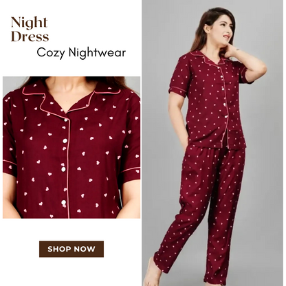 Rayon Printed Night Shirt Pajama Set For Women/Night Suit Set(Maroon)