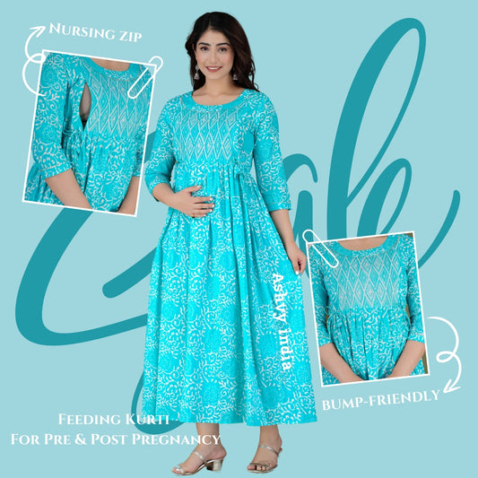 Effortless Feeding: Ashvy Women's Feeding Maternity Kurtis (Sky Blue)(TUL001)