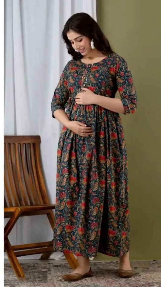 Floral Finesse: Ashvy Red Floral Print Cotton Maternity Feeding Kurti (Dark Blue)(TUL001)