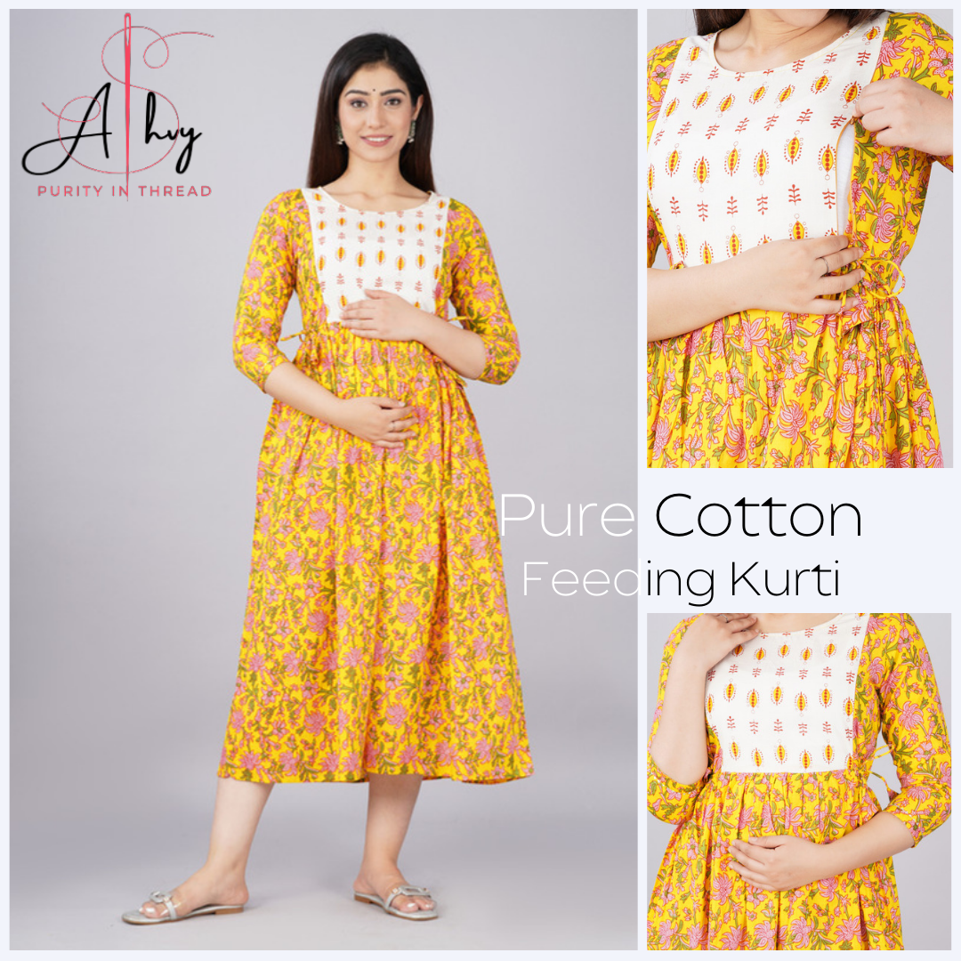 Ashvy Yellow-White Cotton Flower Print Maternity Dress(TUL001)