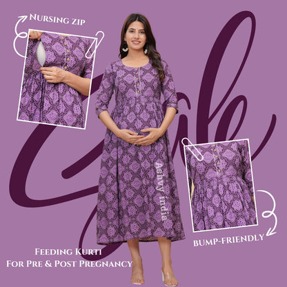 Ashvy Premium Quality Cotton Maternity Cum Feeding kurti (Purple)