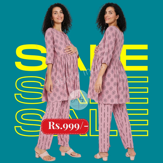 Ashvy Rayon Maternity And Nursing Co-Ord Set (Pink)(LUX0021)