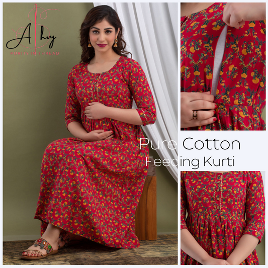 Petite Elegance: Ashvy Small Floral Print Cotton Maternity Feeding Kurti (Red)(TUL001)