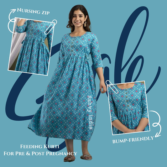 Sky Blue Charm: Ashvy Sky Blue Chunri Print Cotton Maternity Feeding Kurti (LUX001)