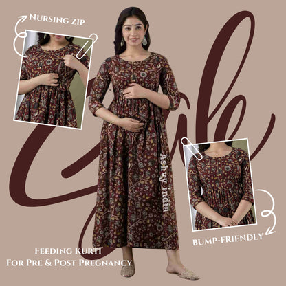 Effortless Style: Ashvy Cotton Feeding Dress For Pre & Post Maternity (Brown)(TUL01)