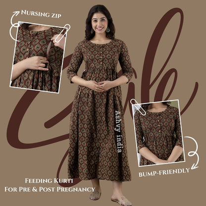 Effortless Style: Ashvy Cotton Feeding Dress For Pre & Post Maternity (Brown)(TUL001)