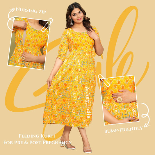 Nature's Embrace: Ashvy Leaf Print Cotton Maternity Feeding Kurti (Yellow) (LUX001)