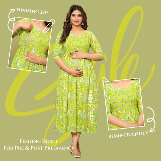 Nature's Embrace: Ashvy Leaf Print Cotton Maternity Feeding Kurti (Green) (LUX001)