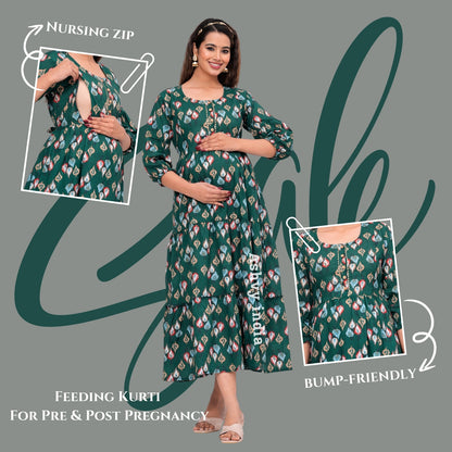 Versatile Comfort: Ashvy Cambric Pure Cotton Maternity Cum Feeding Kurti (Green)(LUX001)