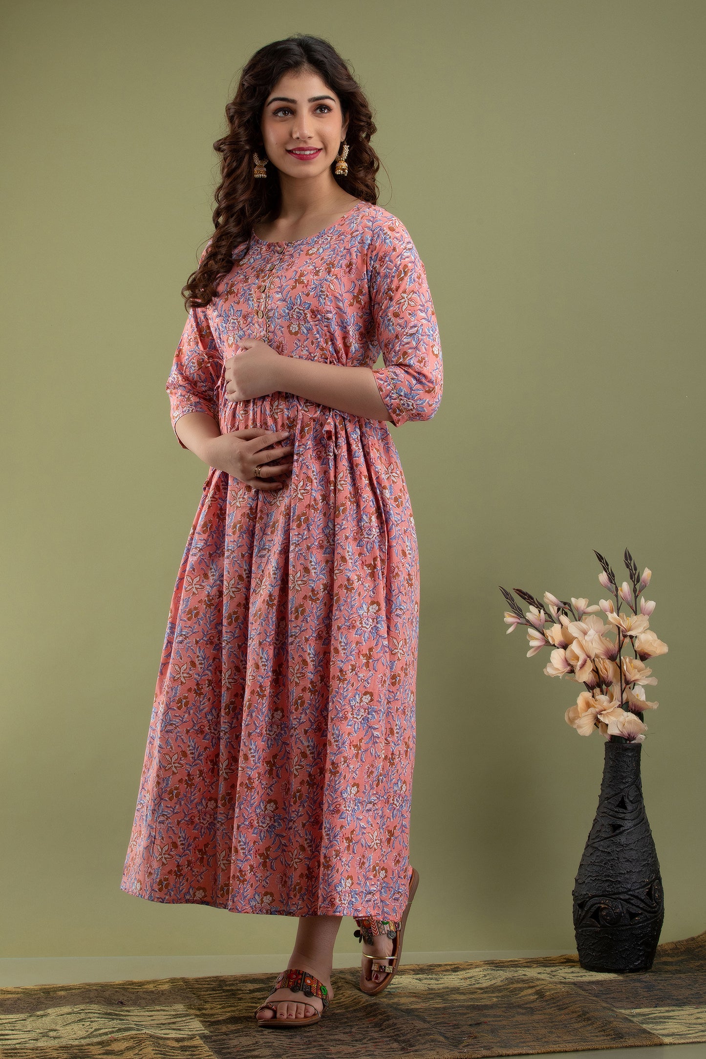 Versatile Comfort: Ashvy Women's Maternity Cum Feeding Gown Kurtis (Pink)(TUL001)