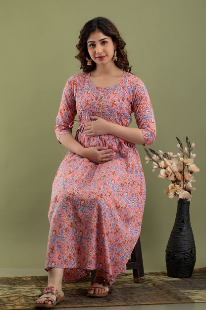 Versatile Comfort: Ashvy Women's Maternity Cum Feeding Gown Kurtis (Pink)(TUL001)