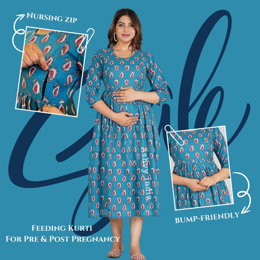 Fabric Pure Cotton 60*60 Cambric Maternity Dress (Blue)