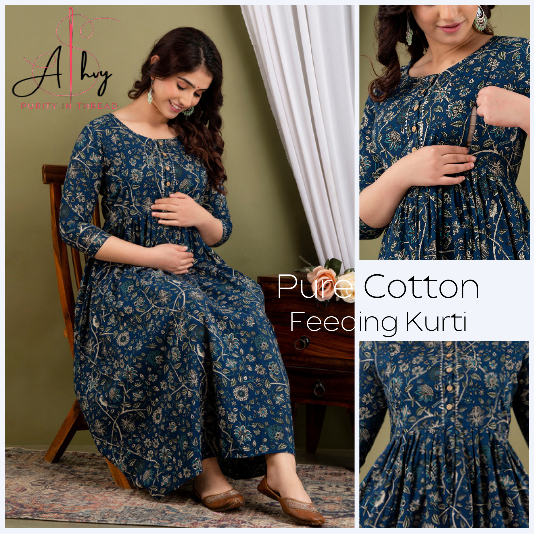 Versatile Comfort: Ashvy Women's Maternity Cum Feeding Gown Kurtis (Blue)(TUL001)