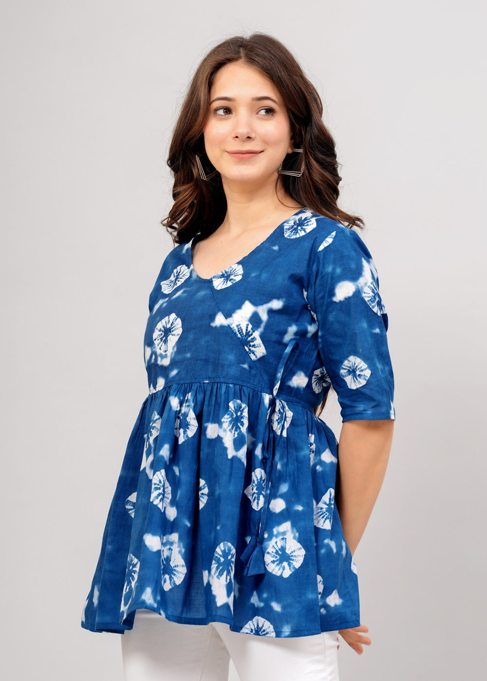 ANGRAKHA STYLE BLUE SHORT V NECK KURTA TUNIC TOP FOR WOMEN SHORT FROCK STYLE KURTI