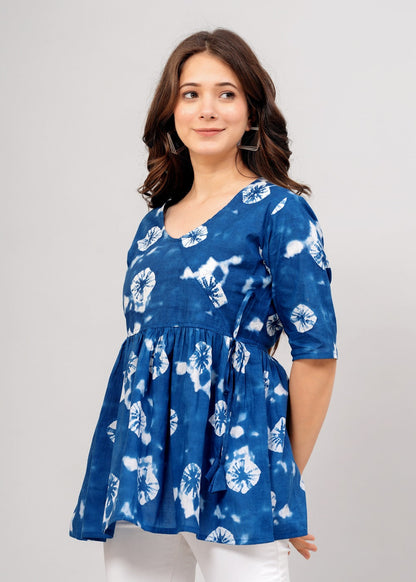 ANGRAKHA STYLE BLUE SHORT V NECK KURTA TUNIC TOP FOR WOMEN SHORT FROCK STYLE KURTI