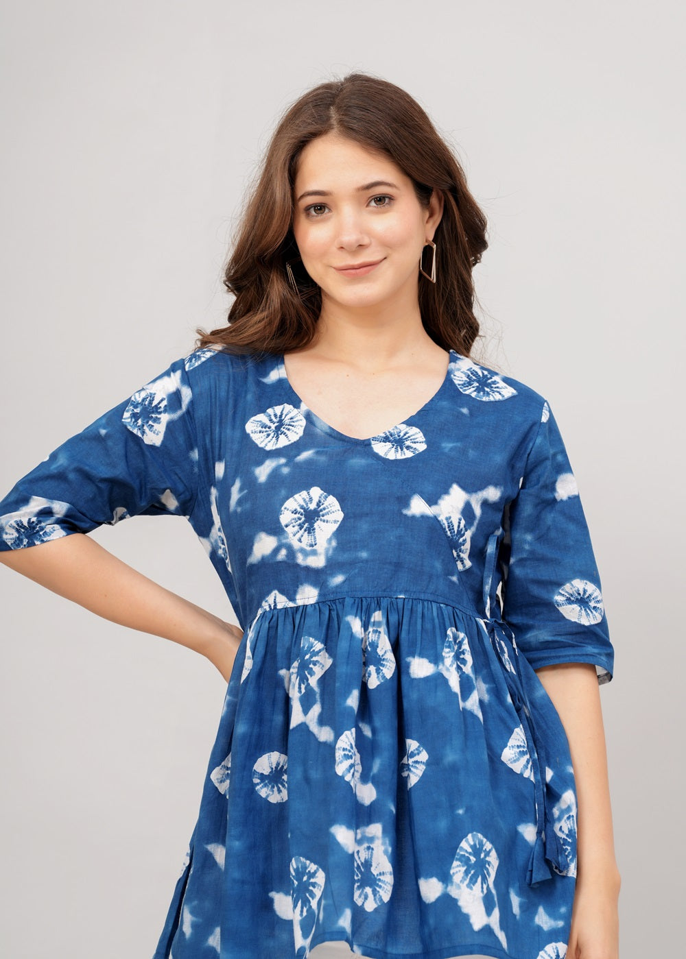 ANGRAKHA STYLE BLUE SHORT V NECK KURTA TUNIC TOP FOR WOMEN SHORT FROCK STYLE KURTI