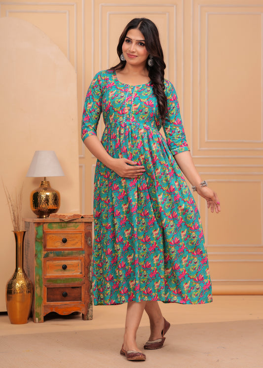 Effortless Feeding: Ashvy Women's Feeding Maternity Kurtis Green with Pink Floral