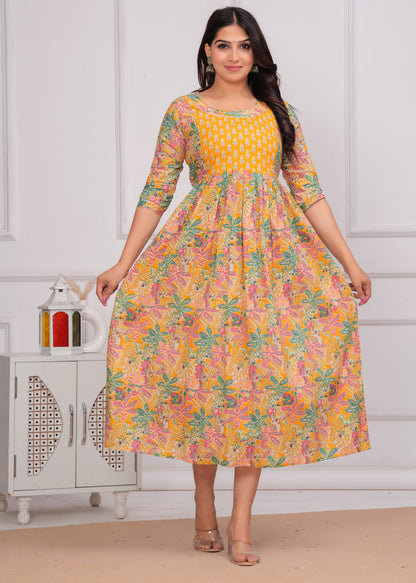 Sunny Comfort: Ashvy Leaf Print Cotton Maternity Feeding Kurti (Yellow)