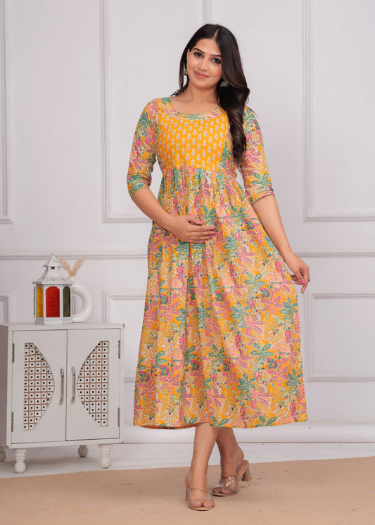 Sunny Comfort: Ashvy Leaf Print Cotton Maternity Feeding Kurti (Yellow)