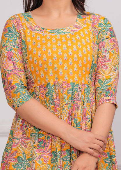 Sunny Comfort: Ashvy Leaf Print Cotton Maternity Feeding Kurti (Yellow)