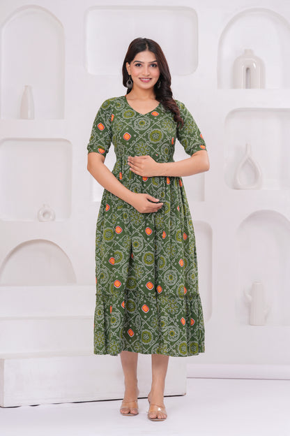 Ashvy Premium Cotton Anarkali Feeding & Maternity Kurti – 48 Inch Length, 2 Side Zips All-Day Comfort for Moms (Green)