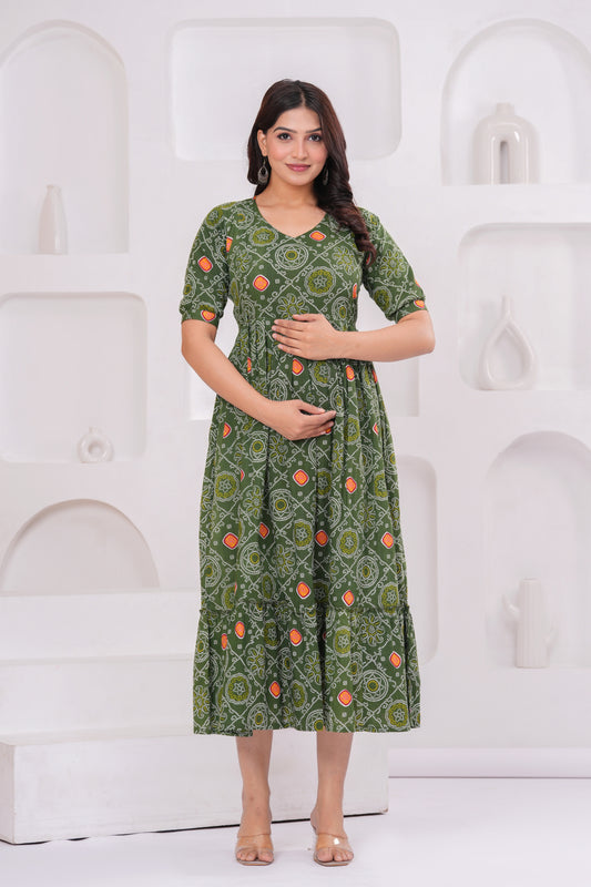 Ashvy Premium Cotton Anarkali Feeding & Maternity Kurti – 48 Inch Length, 2 Side Zips All-Day Comfort for Moms (Green)