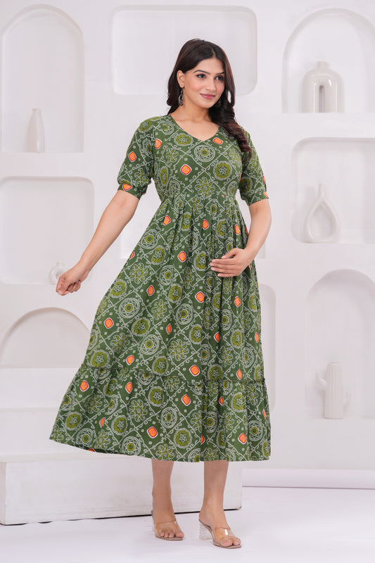 Ashvy Premium Cotton Anarkali Feeding & Maternity Kurti – 48 Inch Length, 2 Side Zips All-Day Comfort for Moms (Green)