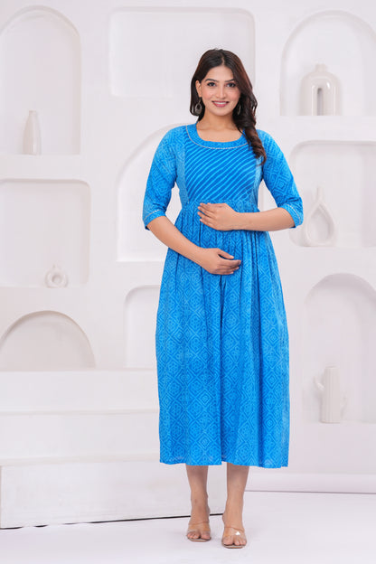 Ashvy Premium Cotton Anarkali Feeding & Maternity Kurti – 48 Inch Length, 2 Side Zips All-Day Comfort for Moms (Blue)