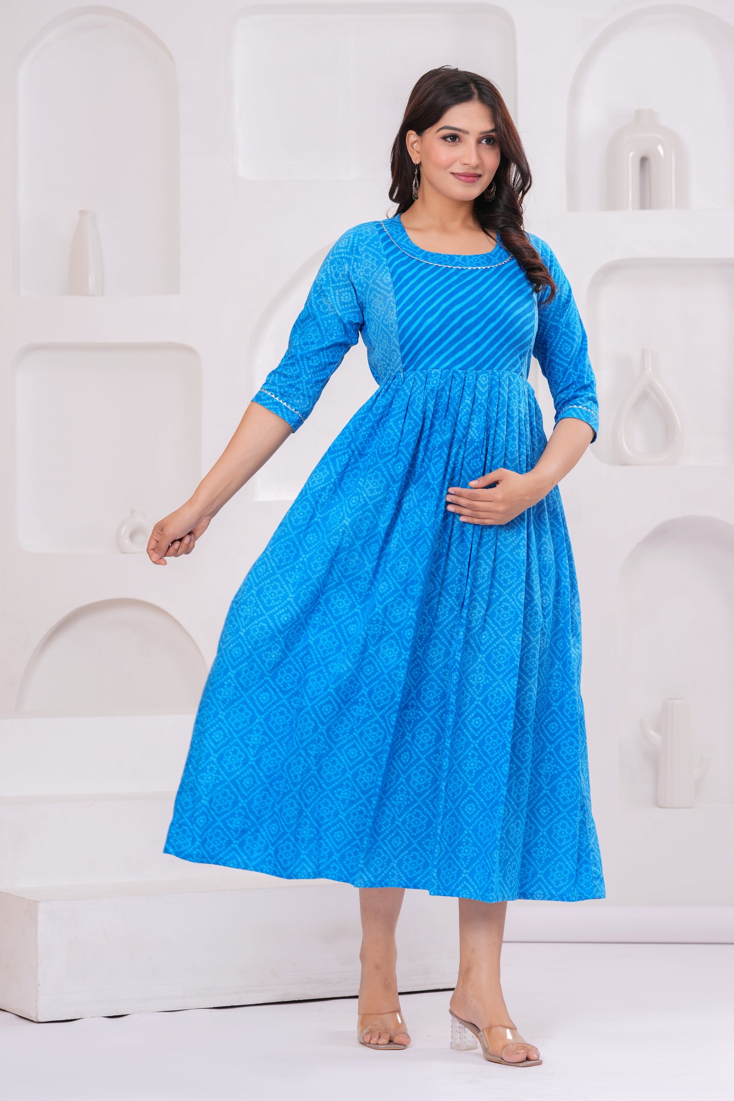 Ashvy Premium Cotton Anarkali Feeding & Maternity Kurti – 48 Inch Length, 2 Side Zips All-Day Comfort for Moms (Blue)
