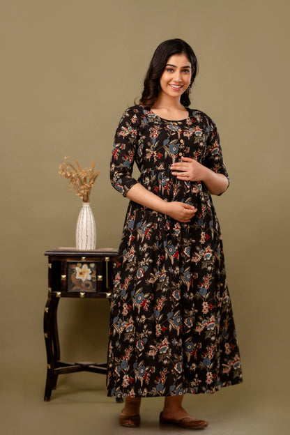 Effortless Style: Ashvy Cotton Feeding Dress For Pre & Post Maternity (Black)