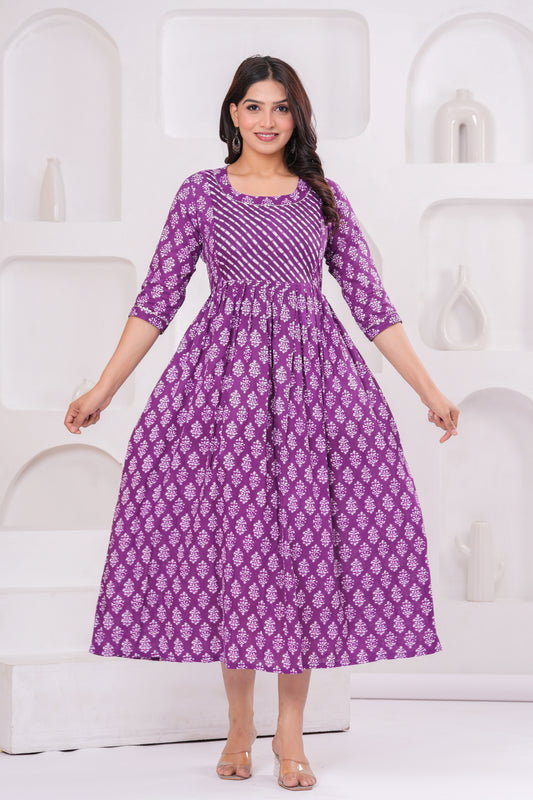 Ashvy Premium Cotton Anarkali Feeding & Maternity Kurti – 48 Inch Length, 2 Side Zips All-Day Comfort for Moms (Purple)