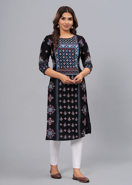 Floral Printed Mirror & Resham Embroidered Kurta - Black