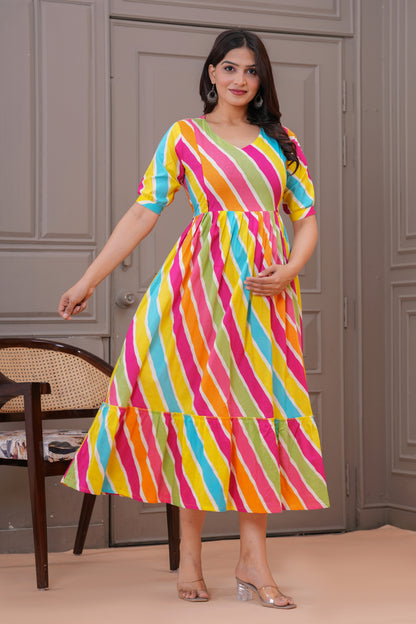 Ashvy Premium Cotton Anarkali Feeding & Maternity Kurti – 48 Inch Length, 2 Side Zips All-Day Comfort for Moms (Multi)