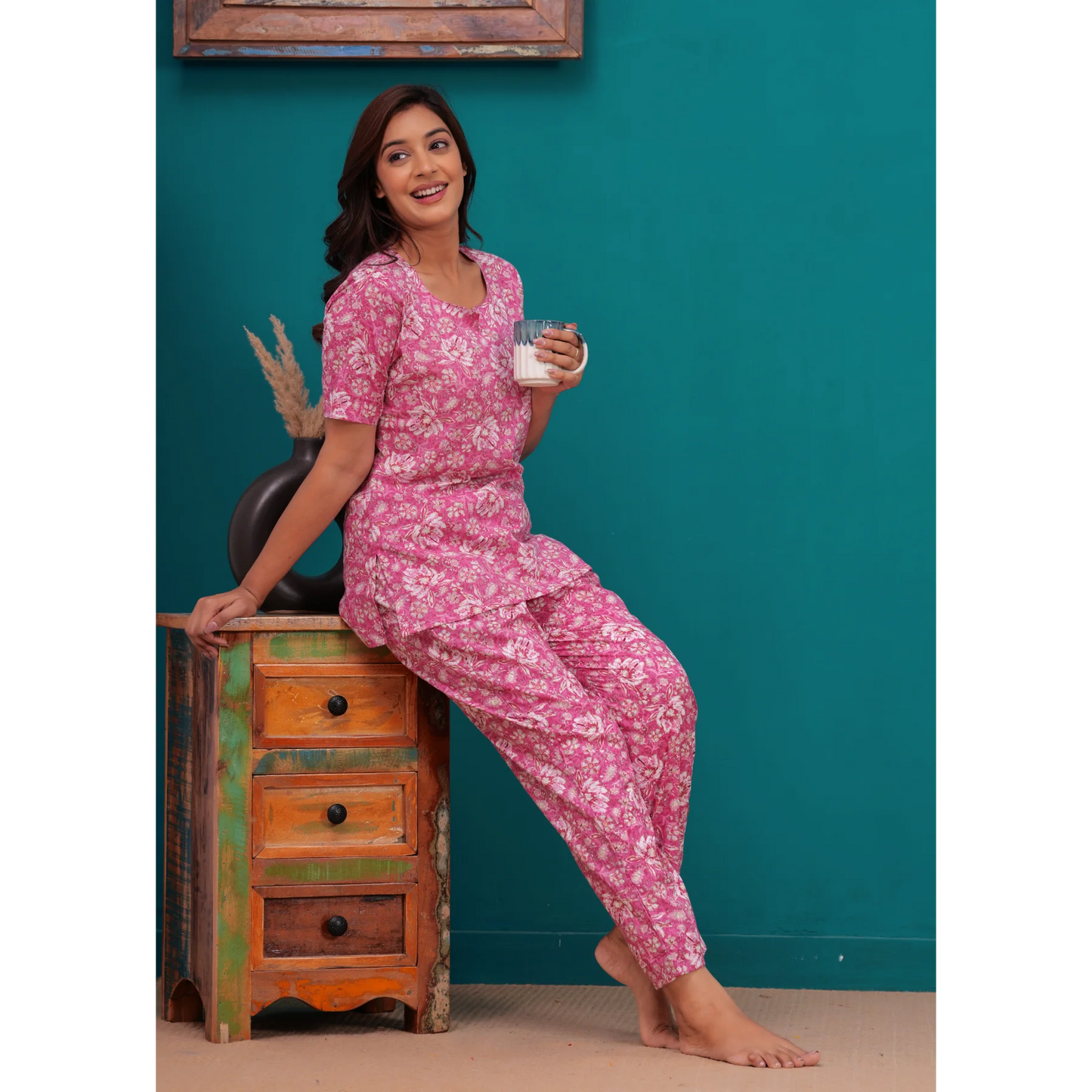 Cotton Night Suit Set of Kurta & Pajama (Pink)